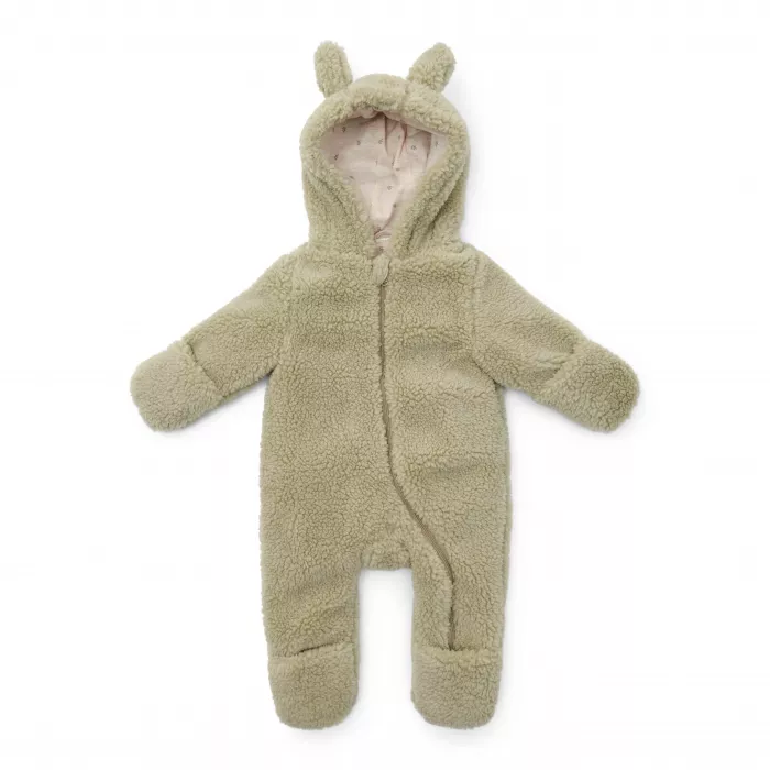 Salopeta captusita cu gluga din material teddy - Soft Green - Little Dutch