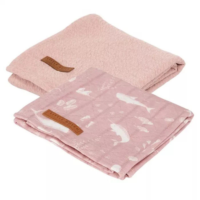 Muselina din bumbac - set 2 bucati - Ocean Pink/Pure Pink - Little Dutch