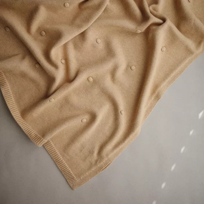 Patura tricotata din bumbac organic cu model in relief - Ocru - Mushie